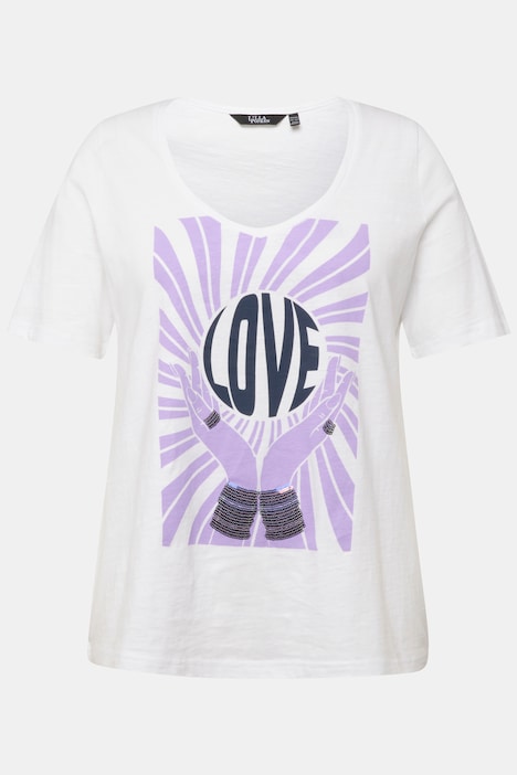 T-Shirt, Pailletten, Classic, V-Ausschnitt, Halbarm
