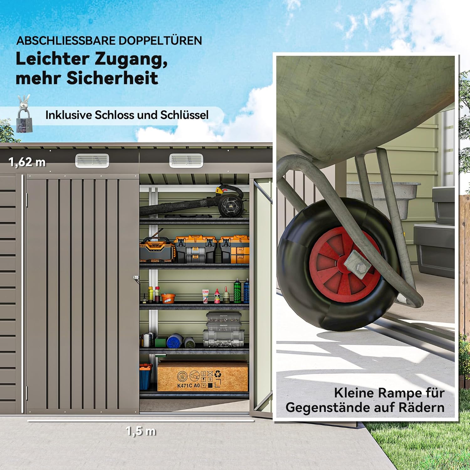 Outsunny Metall Gerätehaus 2,7 m² 249x121x183cm Geräteschuppen mit Pultdach Abschließbarer Doppeltür Entlüftung Schloss Rampe Gartenhaus Outdoor Garten Schuppen für Hinterhof Außenbereich Hellgrau