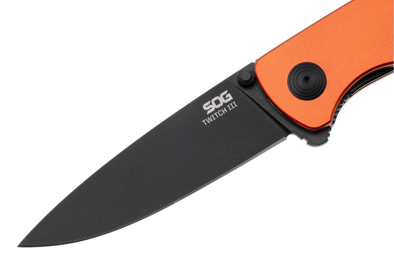 SOG Twitch III 11-15-05-43, Black 154CM, Burnt Orange Aluminum, Black Hardware zakmes