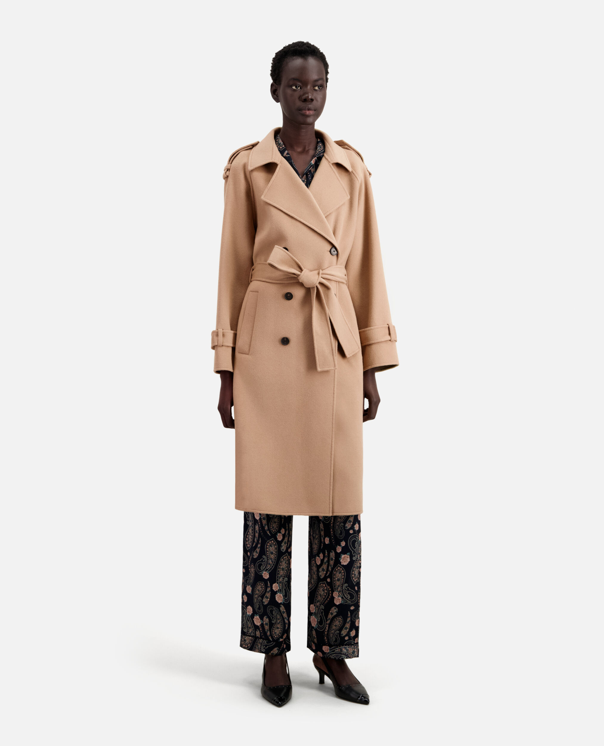 Long beige wool-blend coat