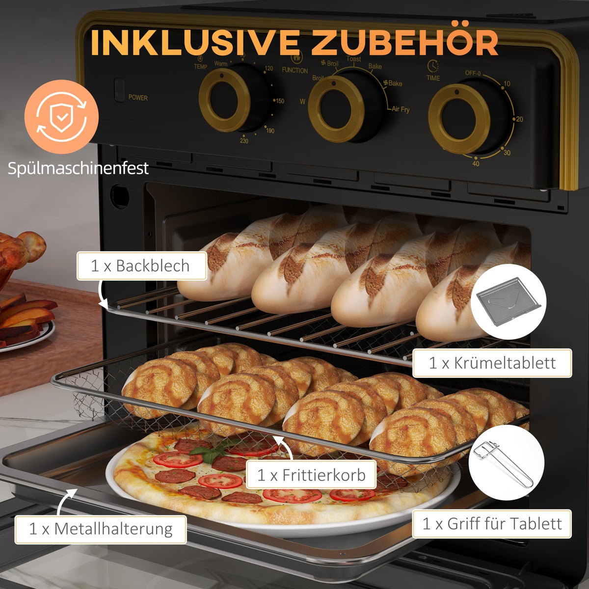 HOMCOM Mini Oven 20L, 5-in-1 Pizzaoven incl. Bakplaatset, 1-uurs timer, 90-230℃, 1400 W, 36L x 37,7B x 34,5H cm, Staal, Gehard glas, Roestvrij staal, Metaal, Zwart