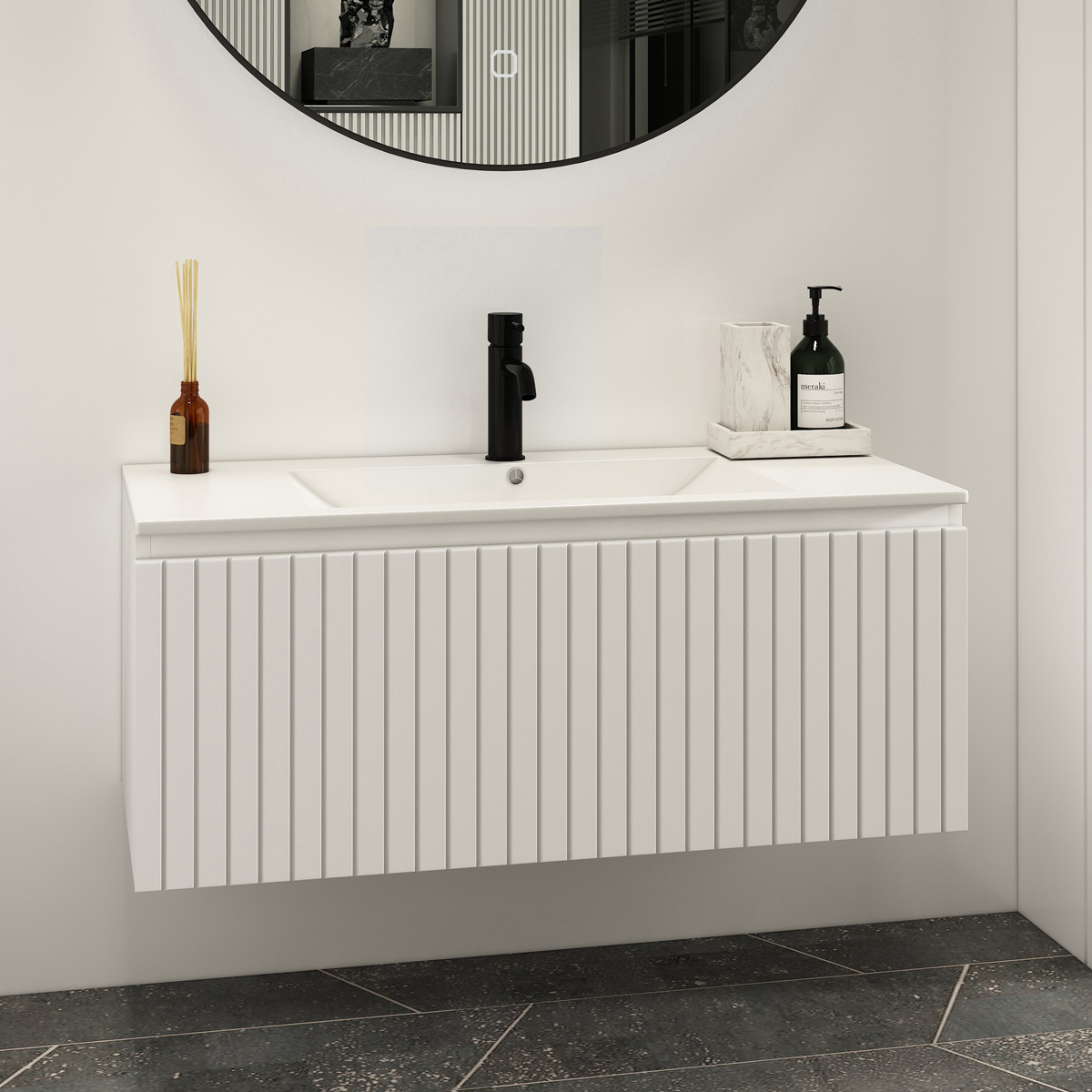 Fontana Lento wit badkamermeubel ribbelfront met witte wastafel 100cm 1 kraangat