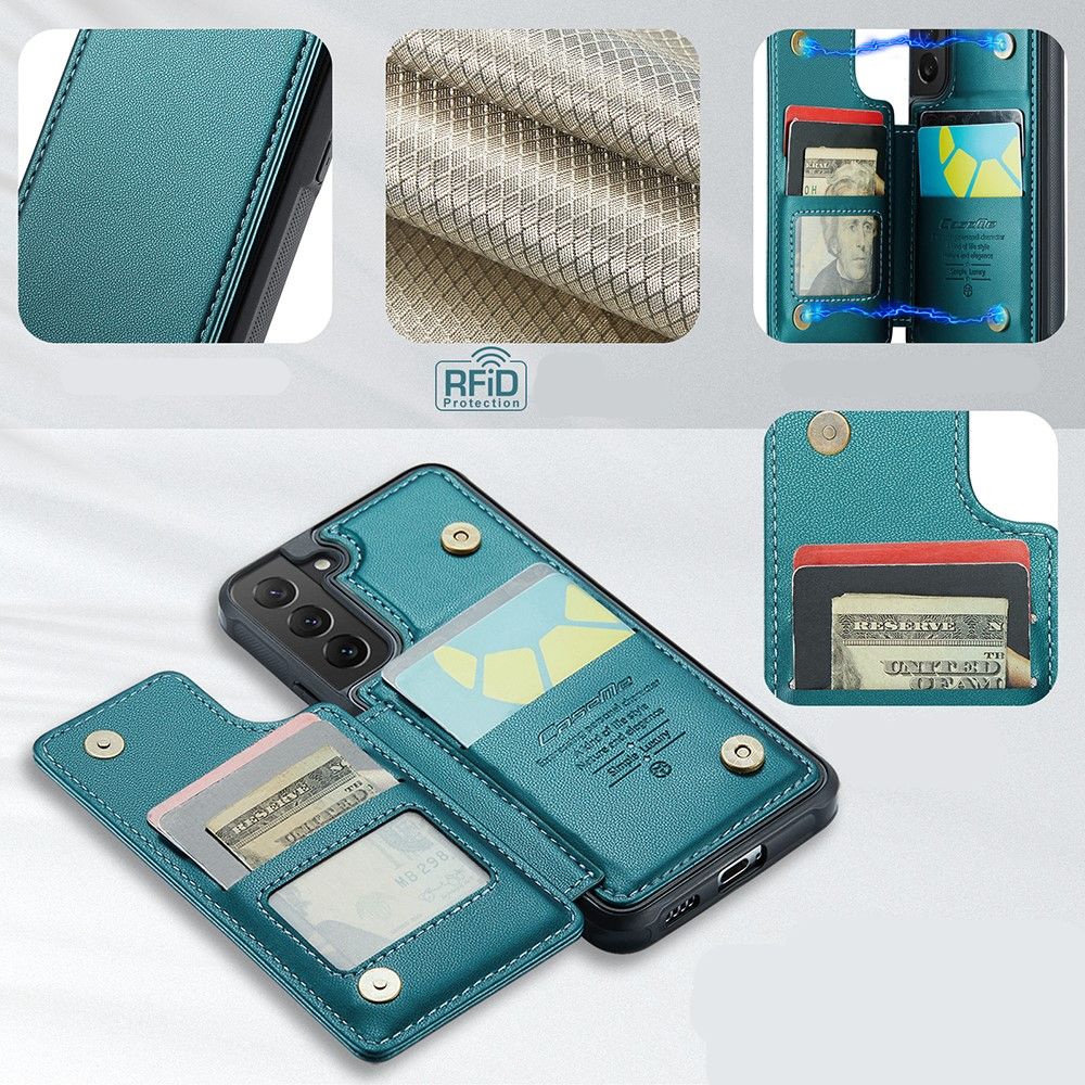 Samsung Galaxy S22 5G Leder Hülle mit Kartenfächern im Litchi Look   Kickstand (RFID Schutz) - Grün