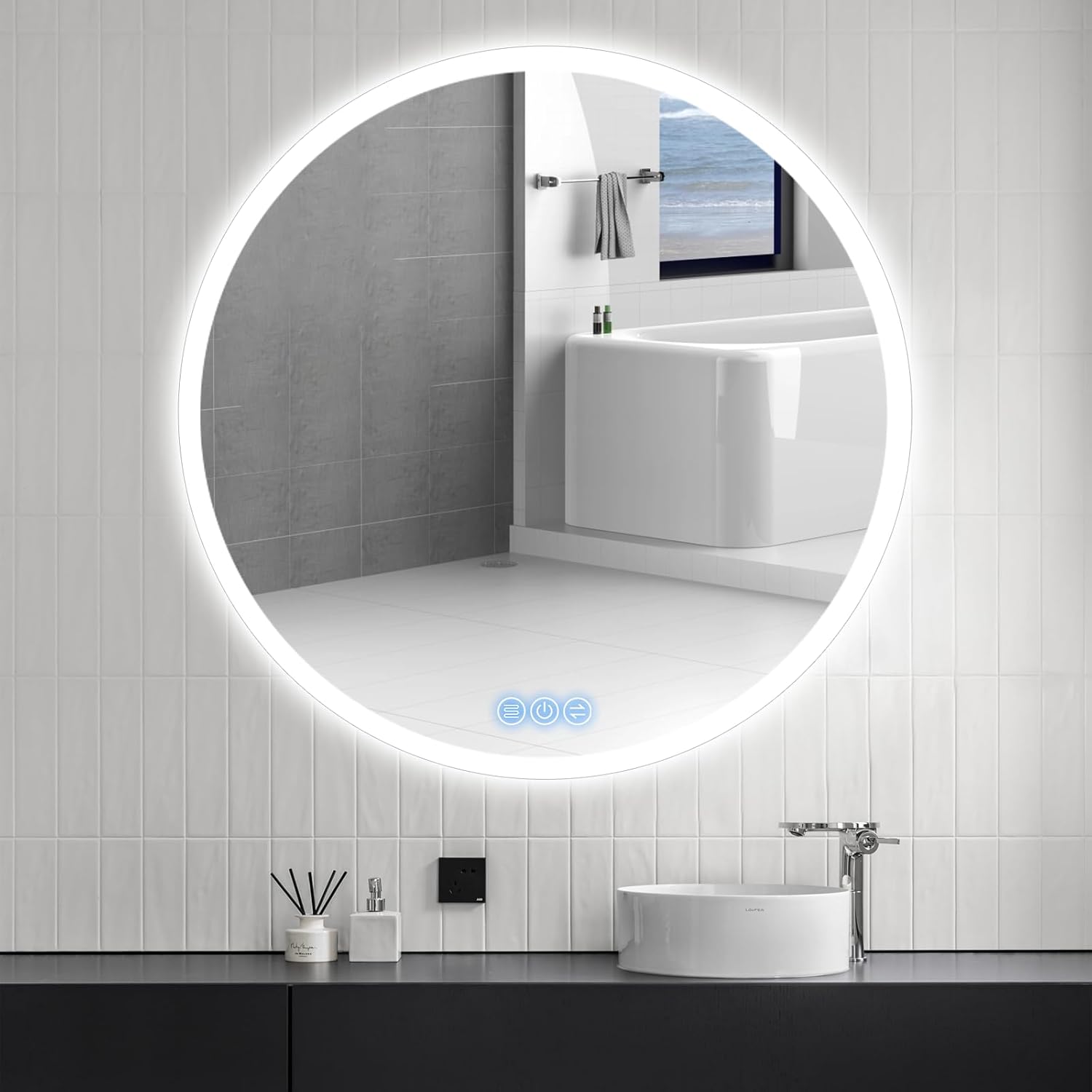 Badspiegel mit Beleuchtung Rund 100cm, LED-Badezimmerspiegel mit Touch-Schalter, Antibeschlag, 3 stufenlos dimmbare Lichtfarben, IP65, HD-Hartglas, Doppelter Lichtring