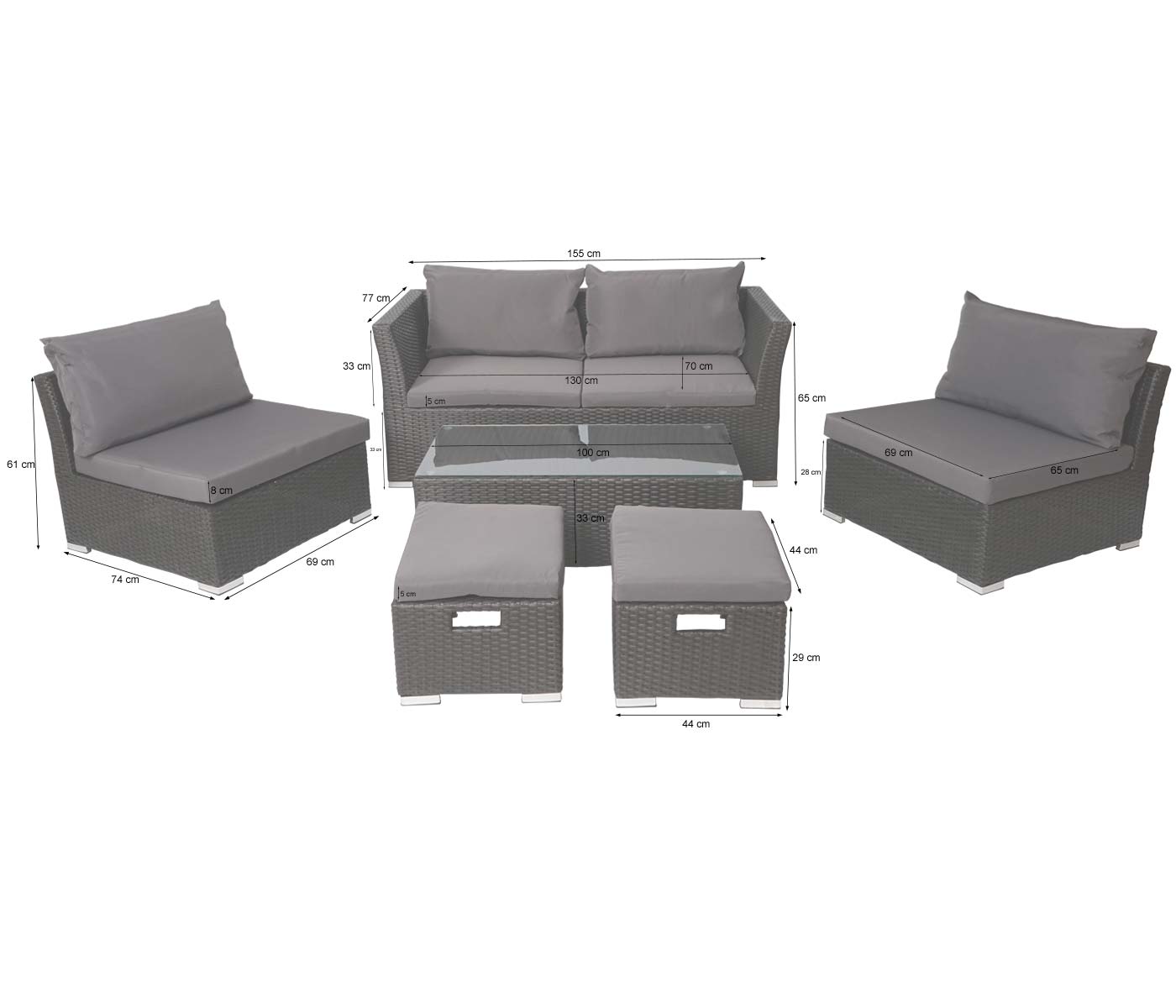 Poly-Rattan Garnitur MCW-J36, Balkon-/Garten-/Lounge-Set Sitzgruppe Sofa ~ grau, Kissen schwarz