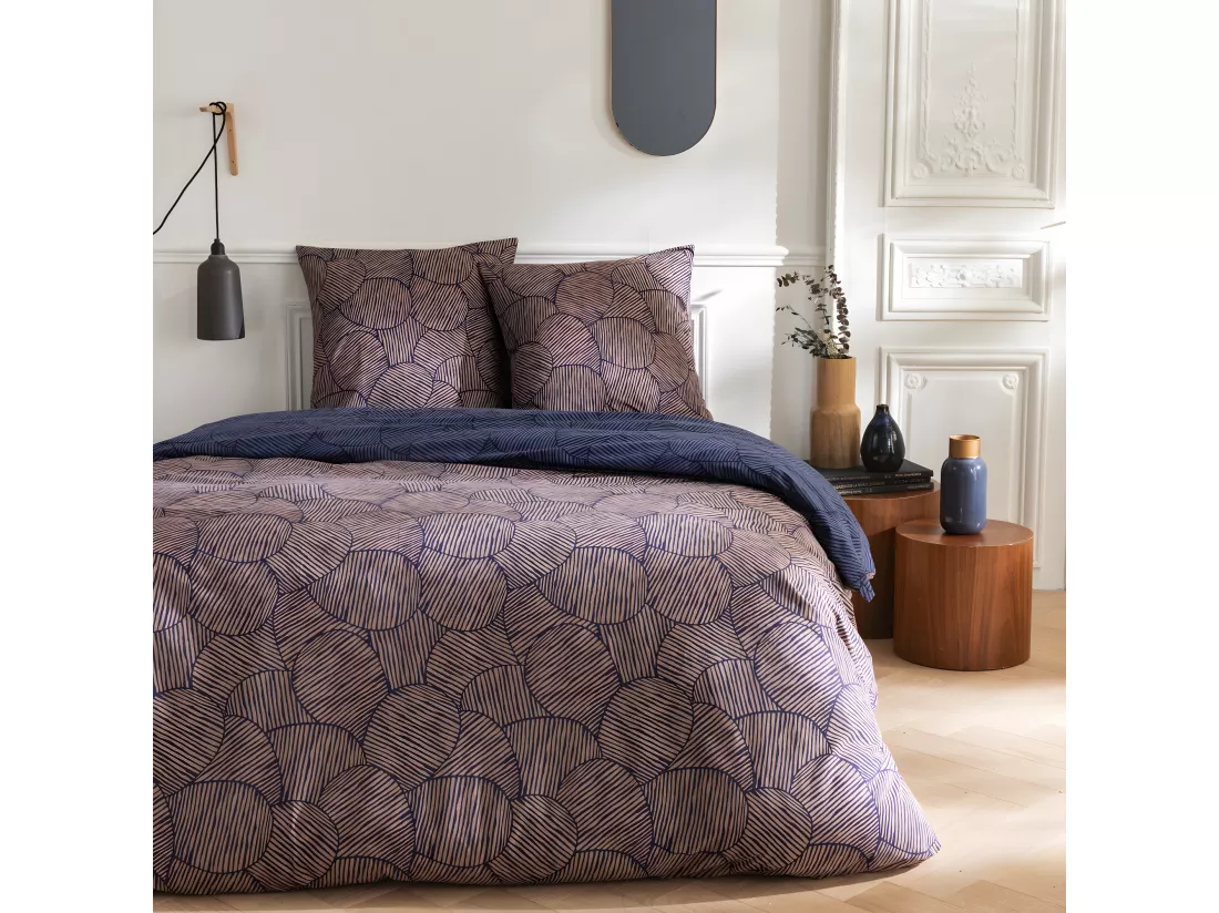 Parure de lit 2 personnes en coton 57 fils imprimé bleu 240x220cm