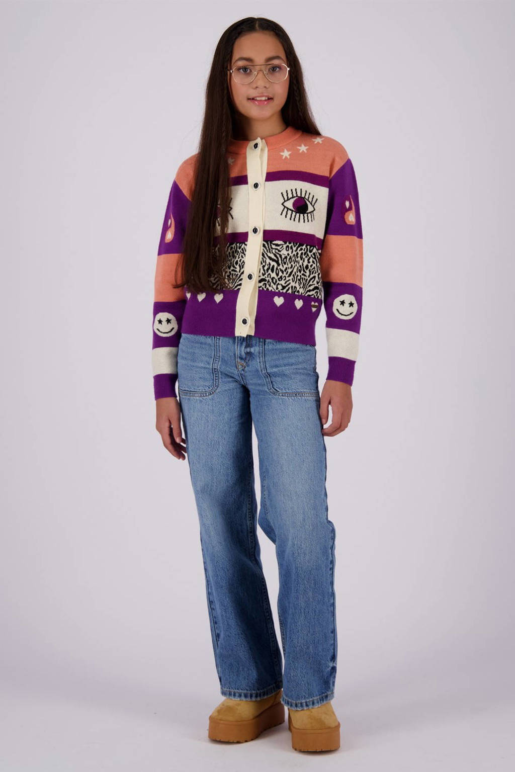 Vingino vest Mindy met ingebreid patroon oranje/paars/ecru