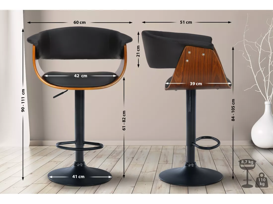 Lot de 2 Tabouret de bar - Similicuir - Noyer / Noir - Vestal