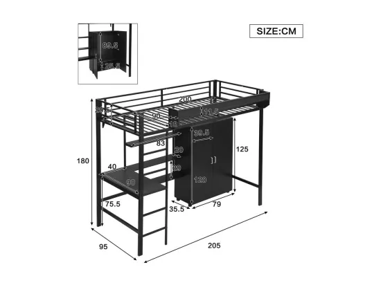 Lit mezzanine 90x200 cm - avec table - avec penderie - avec multiples rangements - avec échelle 5 marches - fer + panneaux de particules - noir (sans matelas)