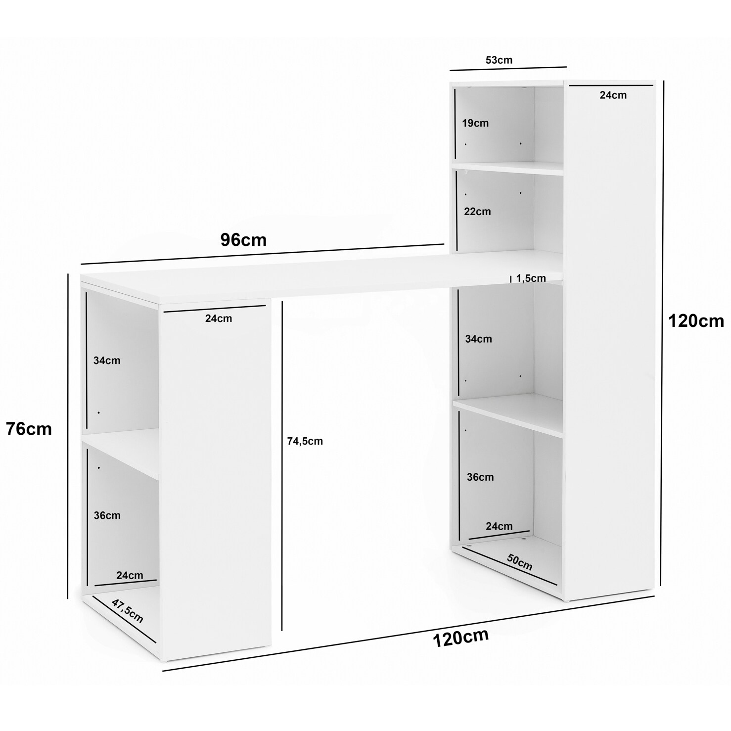 KADIMA DESIGN Schreibtisch mit Regal BRENTA: 120x120x53 cm, Spanplatten, variable Regalhöhen
