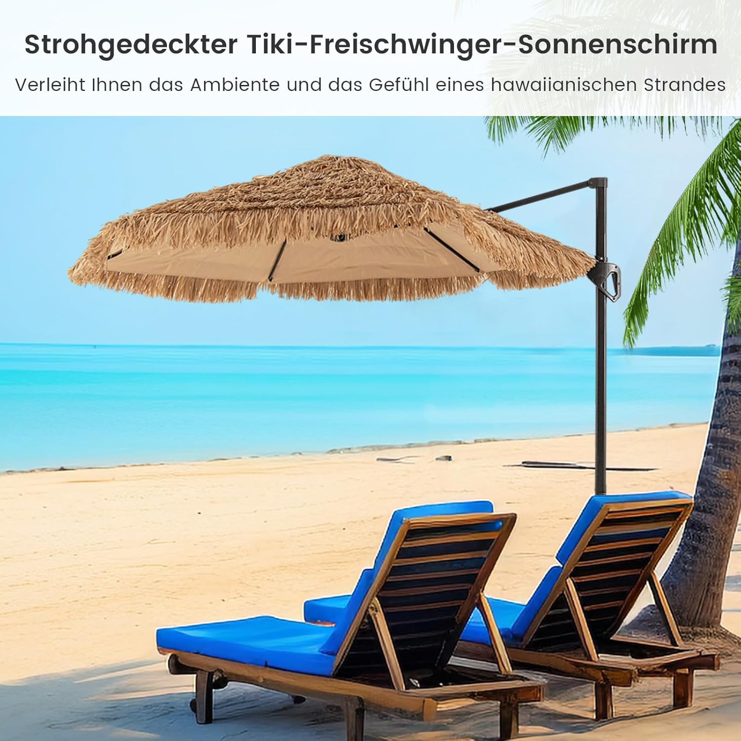 COSTWAY Sonnenschirm Hawaii 270 cm, Ampelschirm mit Kurbel, Strohschirm aus PP-Stroh, Gartenschirm, Terrassenschirm für Garten, Terrasse