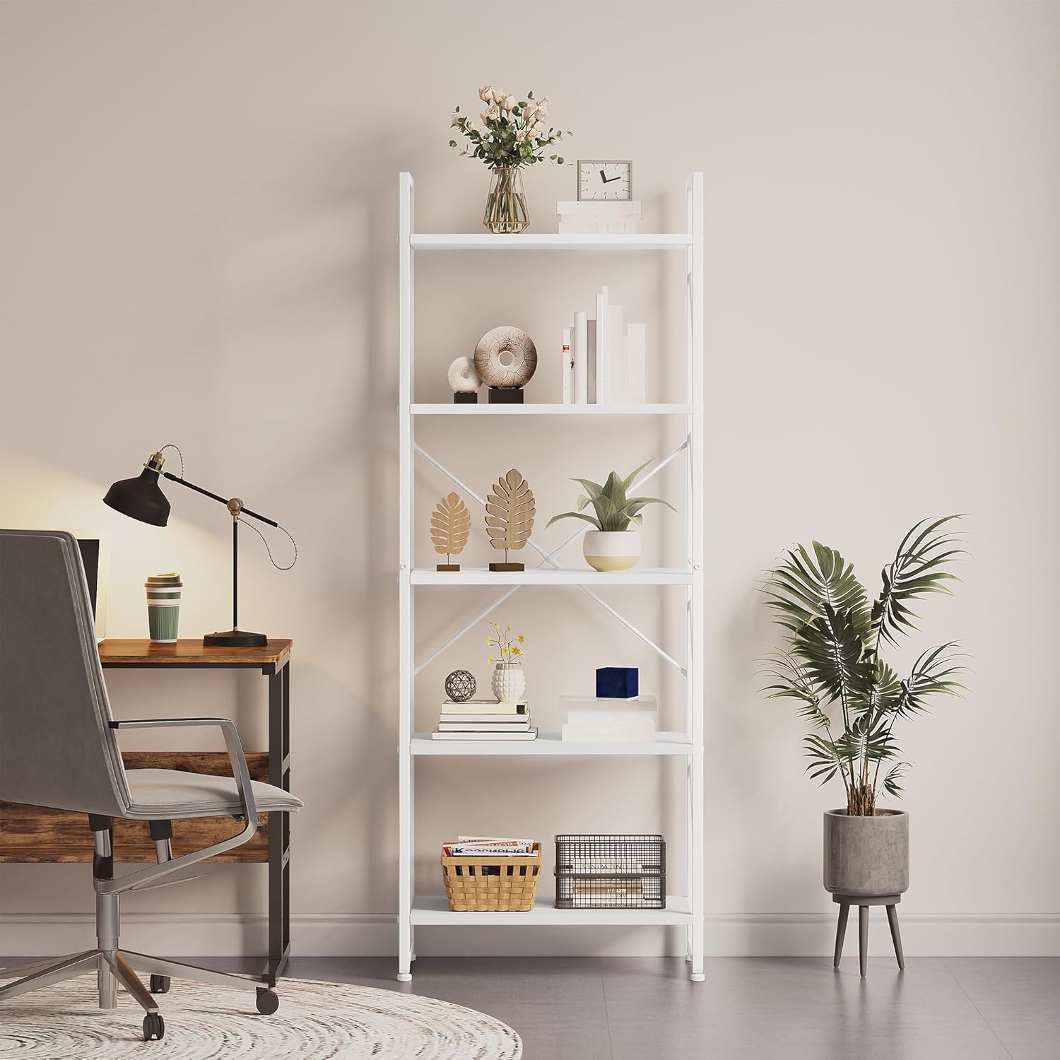 YITAHOME Bücherregal mit 5 Ebenen, freistehendes Bücherregal, Holzregal und Metallrahmen, Aufbewahrungsregal für Wohnzimmer, Heimbüro – reines Weiß AQ9712920