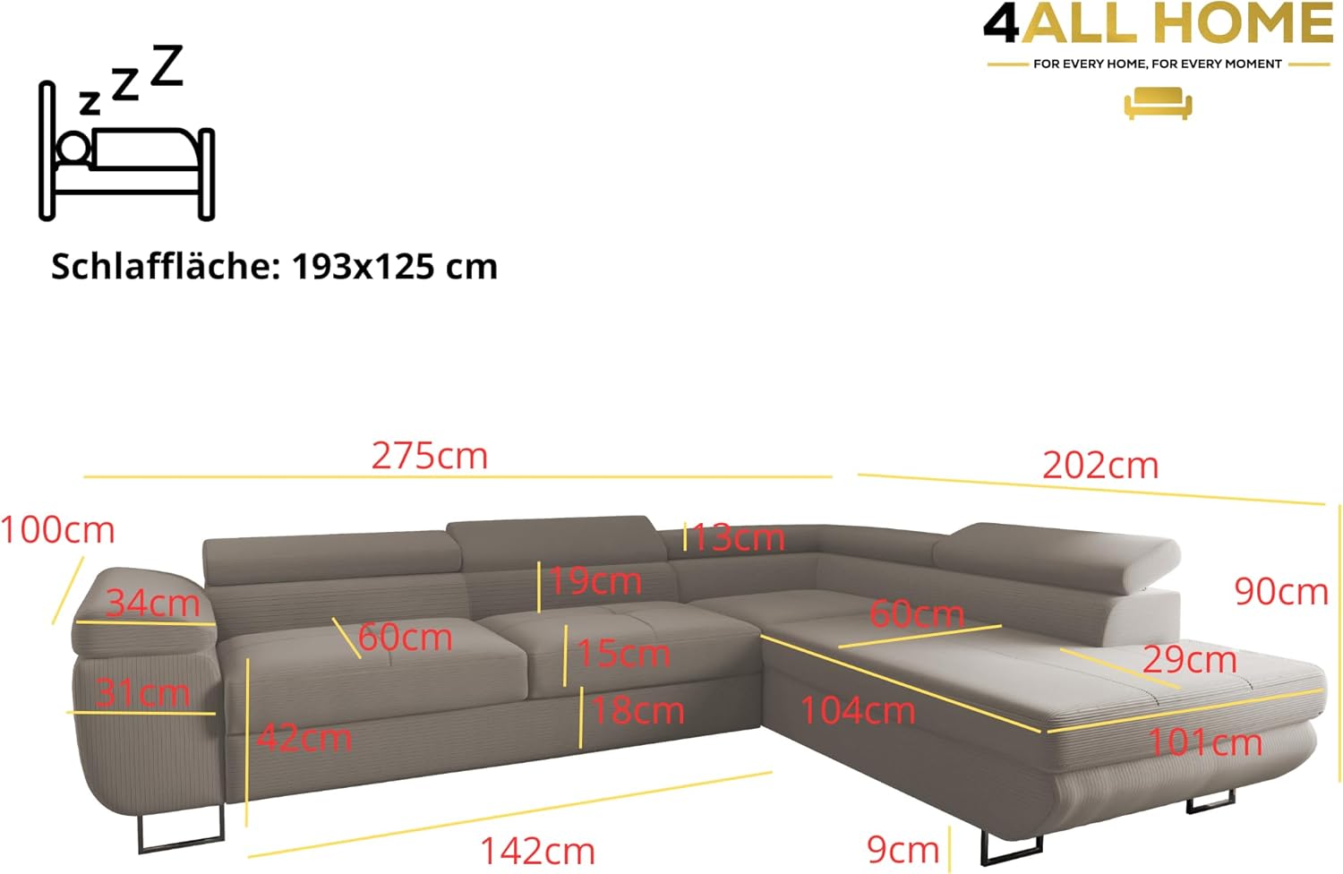 Ecksofa Luna mit Schlaffunktion und Bettkasten – 275x202 cm – verstellbare Kopfstützen – Liegefläche 193x125 cm – Couch – Schlafsofa – L-Sofa mit Stauraum (Poso 100 Beige, Seite: Rechts)