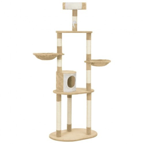 Arranhador bege para gatos com hastes de sisal.