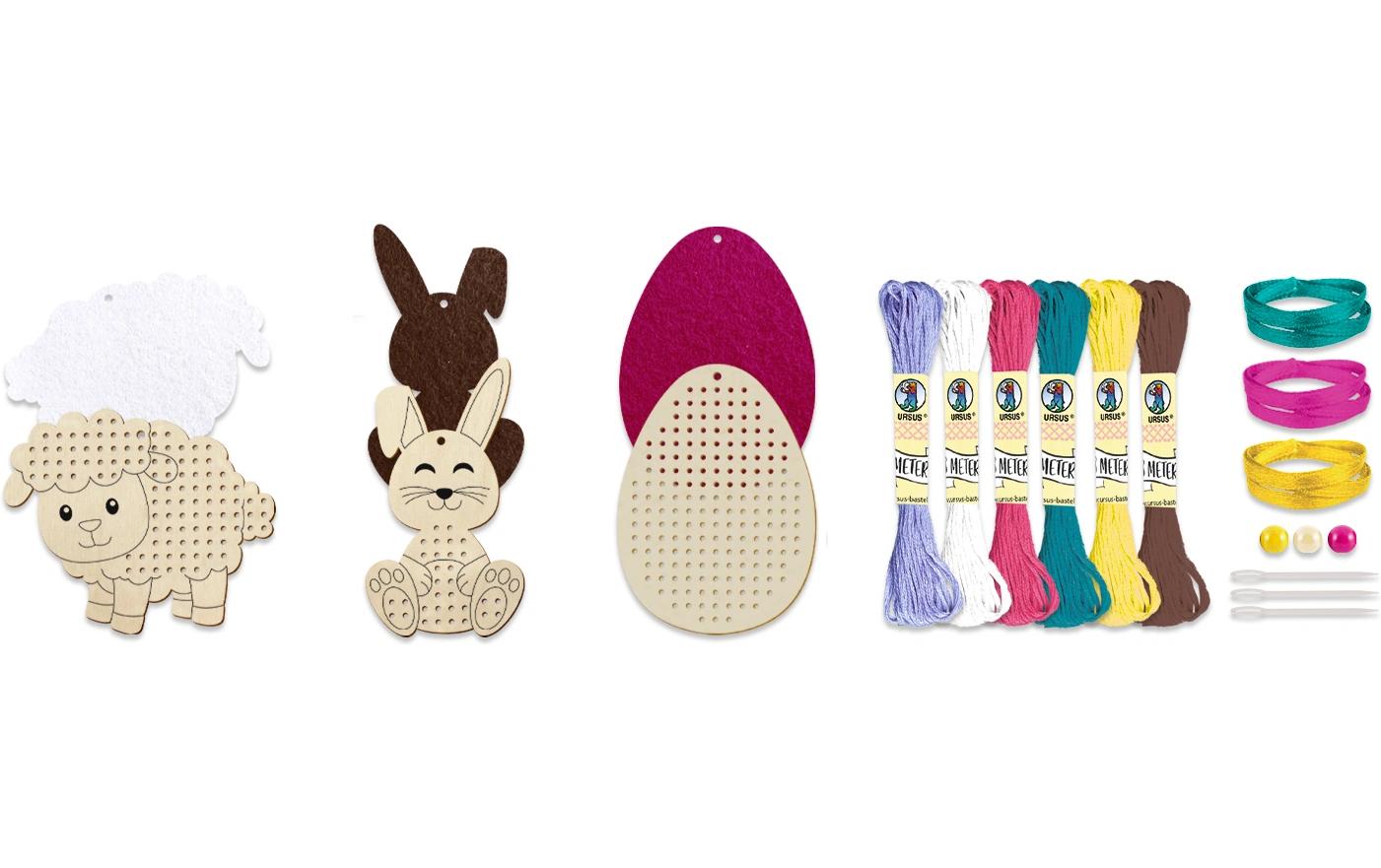 Bastelset Kreuzstich-Holzanhänger Ostern 3 Stück, MehrfarbigSet mit Materialien zum Basteln von drei Holzanhängern