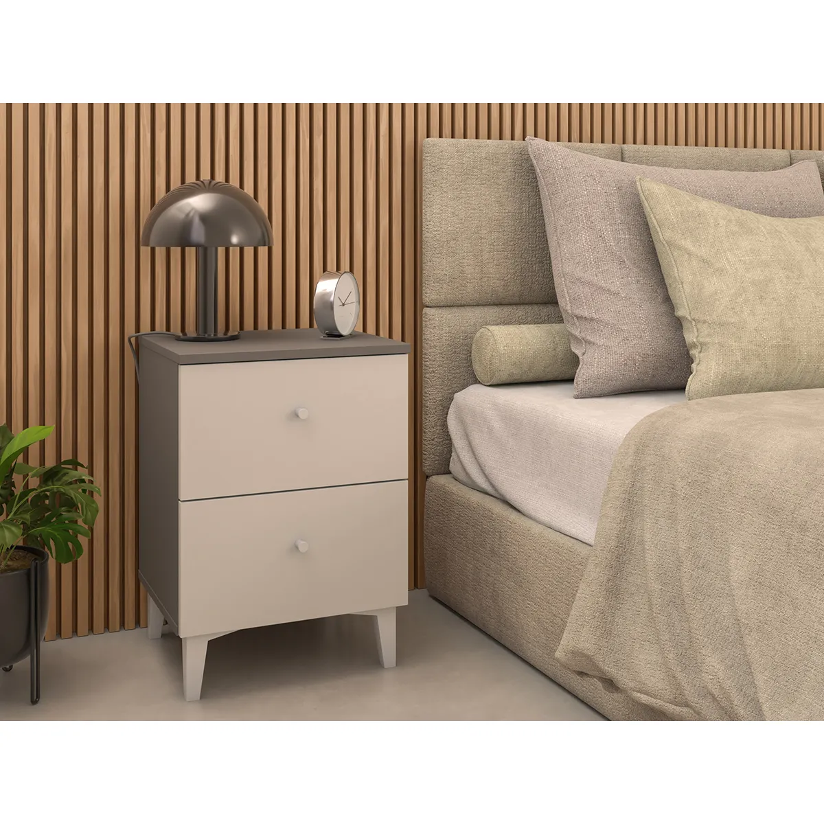 Pegane Table de Chevet 2 Tiroirs - Gris et Blanc