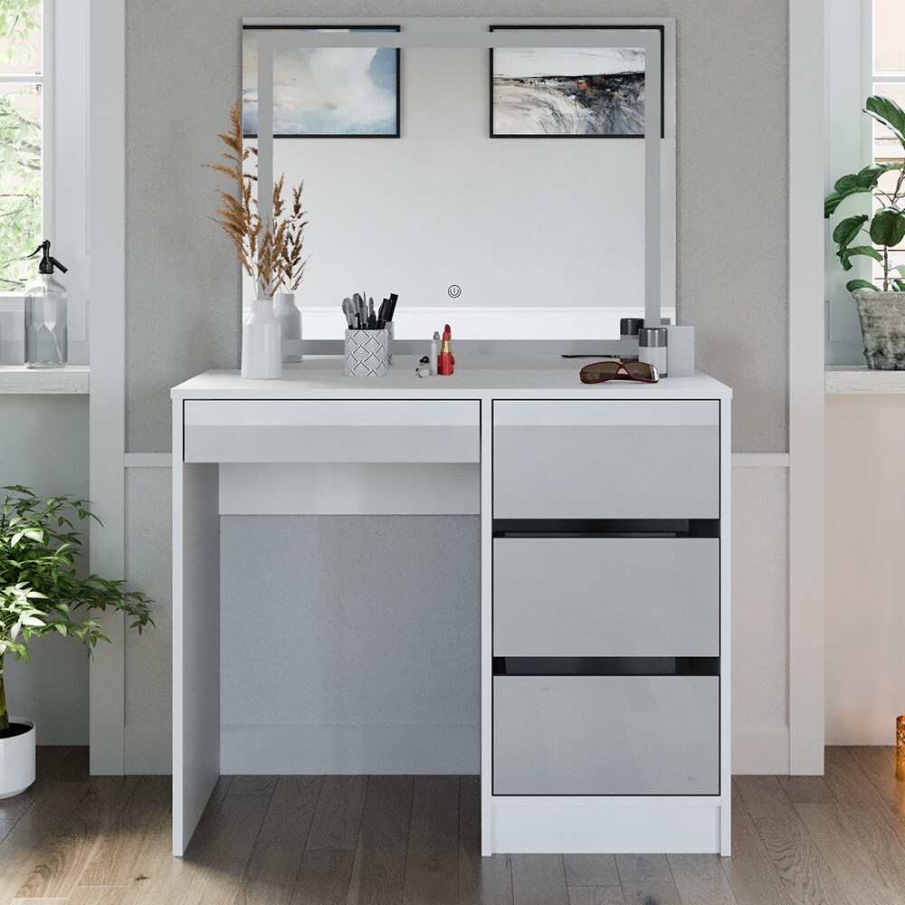 Vicco Schminktisch Sherry 90x75cm, Weiß Hochglanz, Kosmetiktisch mit LED-Spiegel