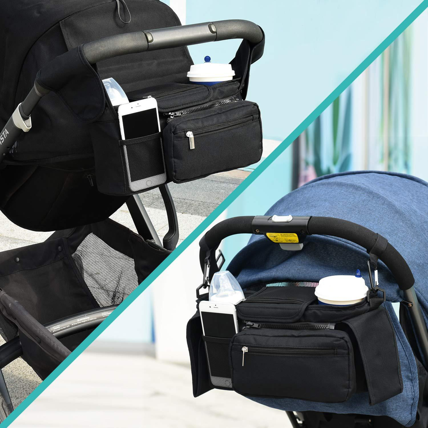 (33x16x10cm) Kinderwagen Organizer Tasche Wickeltasche Aufbewahrungsfächer für Windeln / Milchflasche / Kleidung - Schwarz