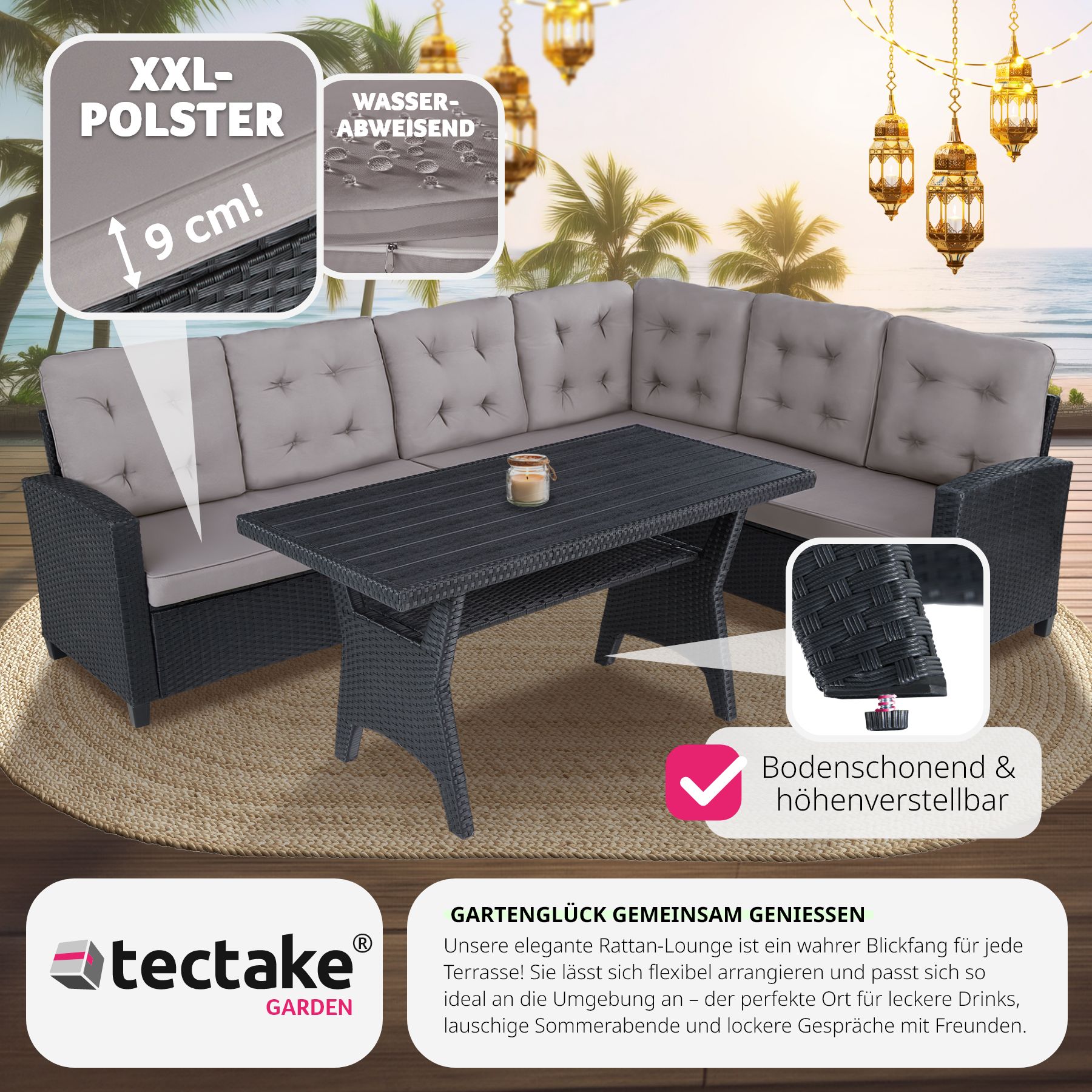 tectake® Rattan Lounge, für 6 Personen, UV-beständig, Tisch mit Schraubfüßen