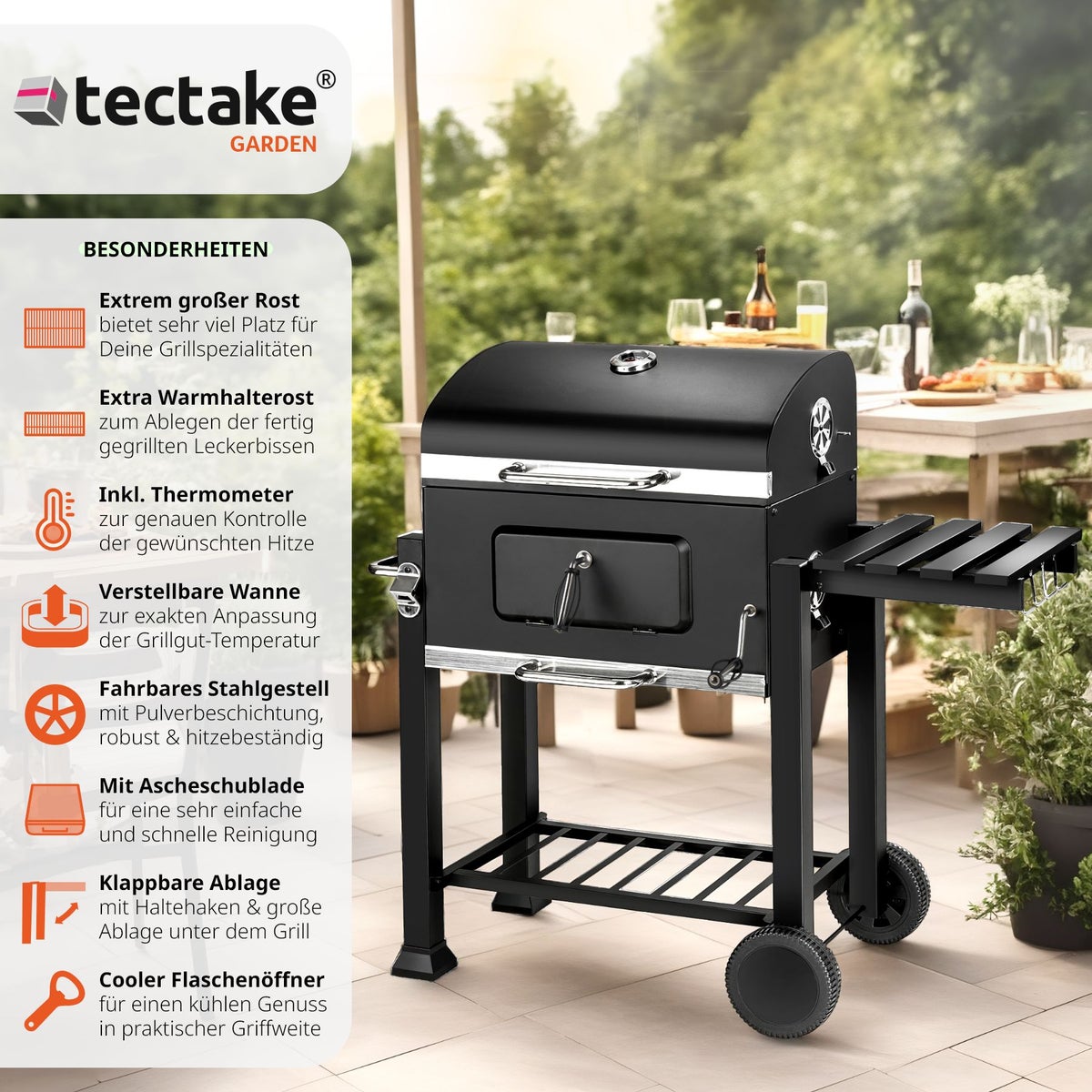 tectake Florian houtskoolgrill met 2 wielen, 115 x 65 x 107 cm