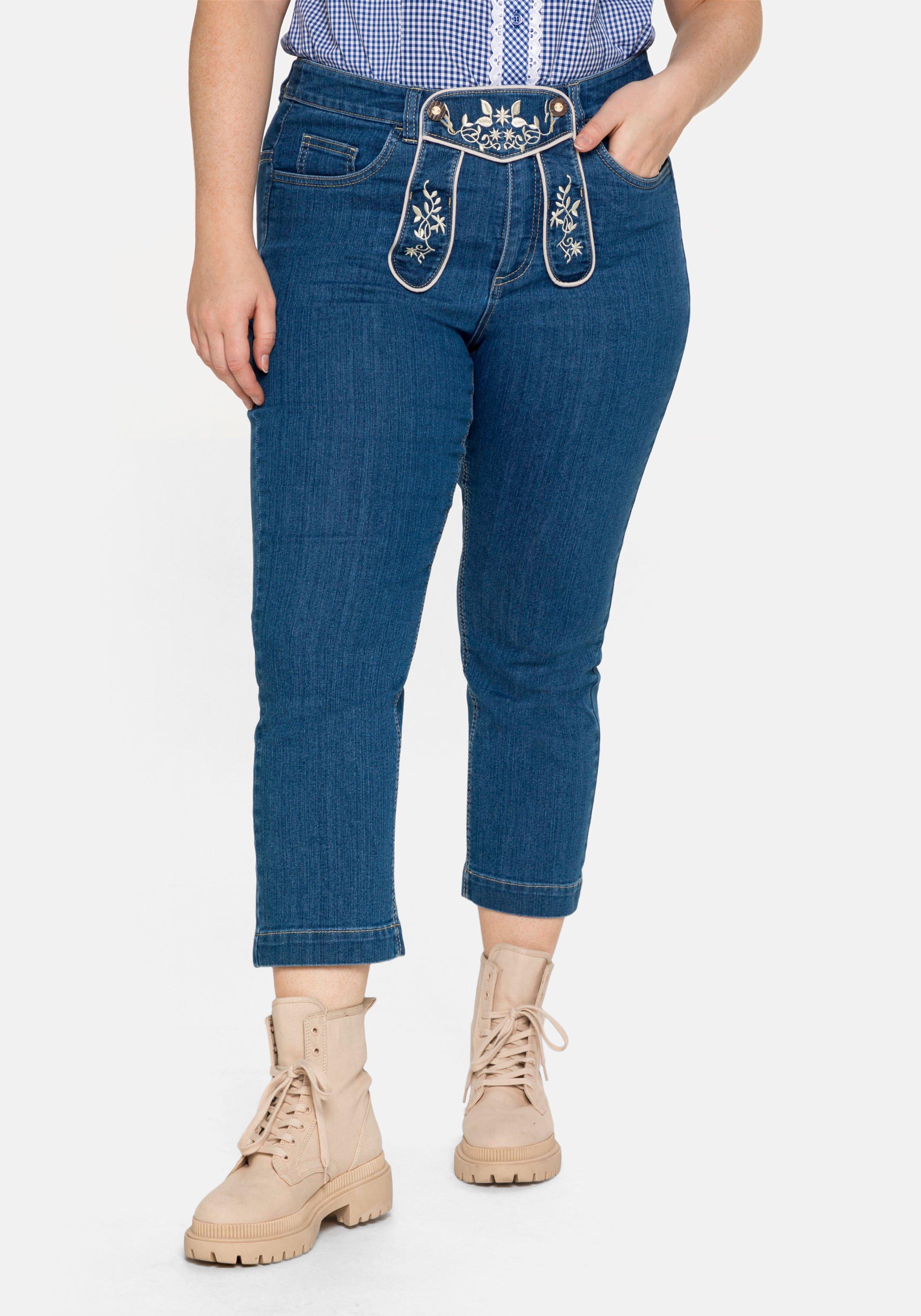 Trachtenjeans in 7/8-Länge, mit Latz und Stickerei
