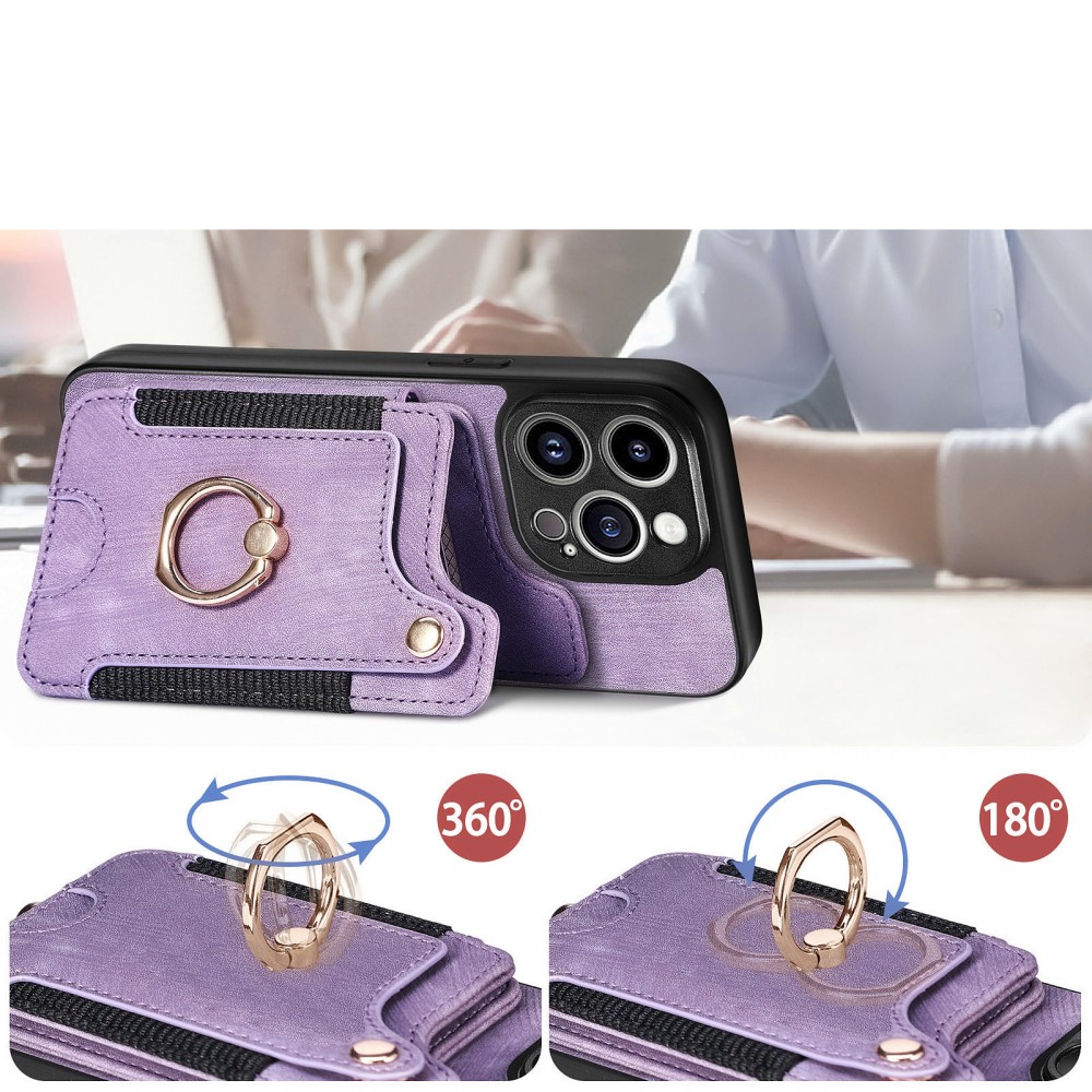 iPhone 14 Pro Necklace Leder Hülle mit Kartenfächer   Finger Griff Halterung   Handykette (RFID Schutz) - Lila