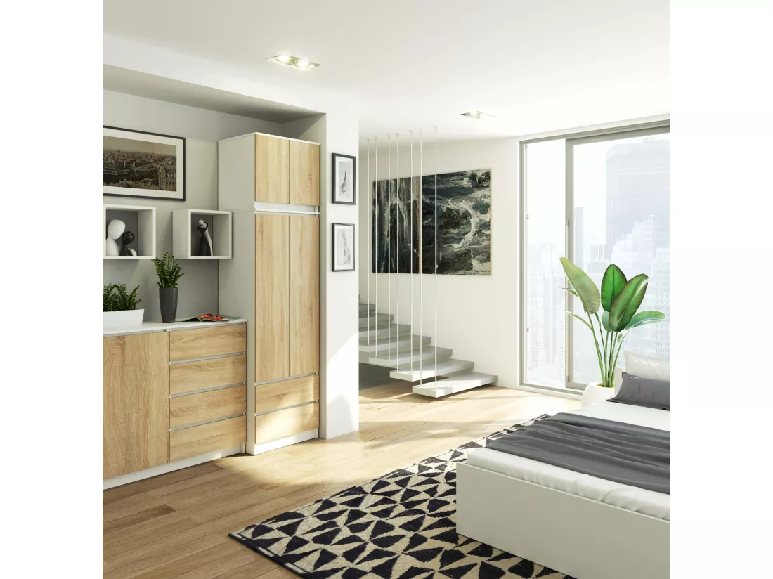 Armoire avec surmeuble AKORD S60 Blanche 60 cm 2 portes 2 tiroirs façade Chêne Sonoma 3 étagères 60x51x234 cm