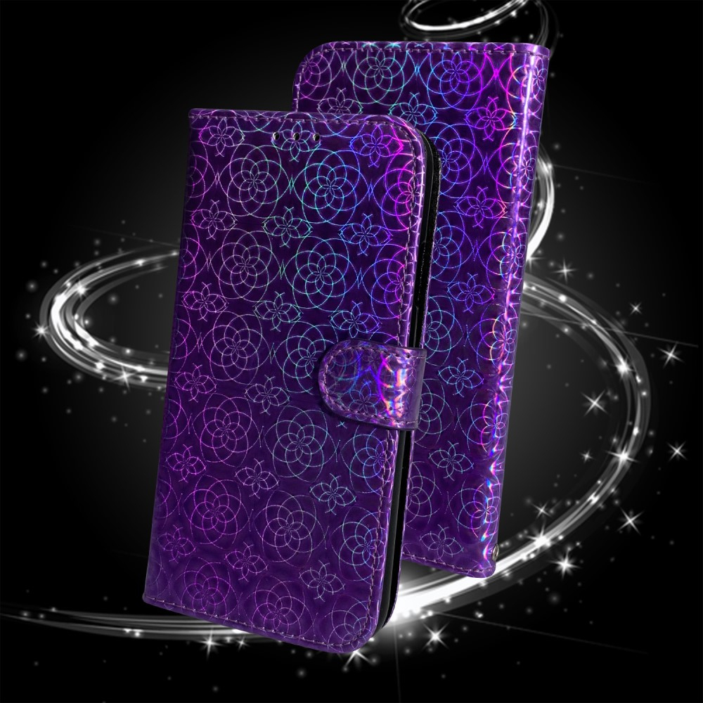 iPhone 13 Pro Leder Tasche Wallet mit Flower Laser Hologramm - Violett