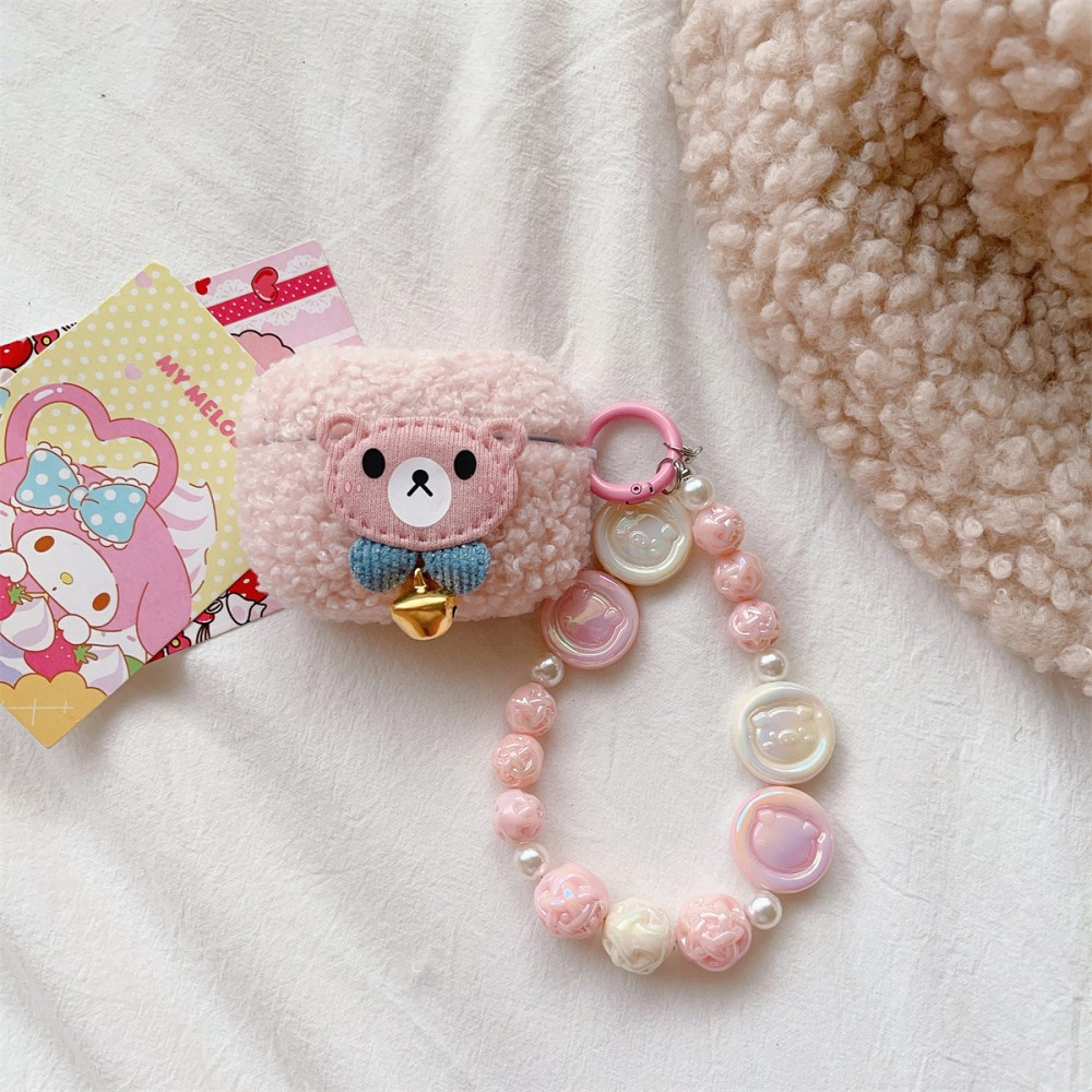 AirPods Pro Gummi Case Schutzhülle mit Handschlaufe - Cartoon Bär (Rosa)