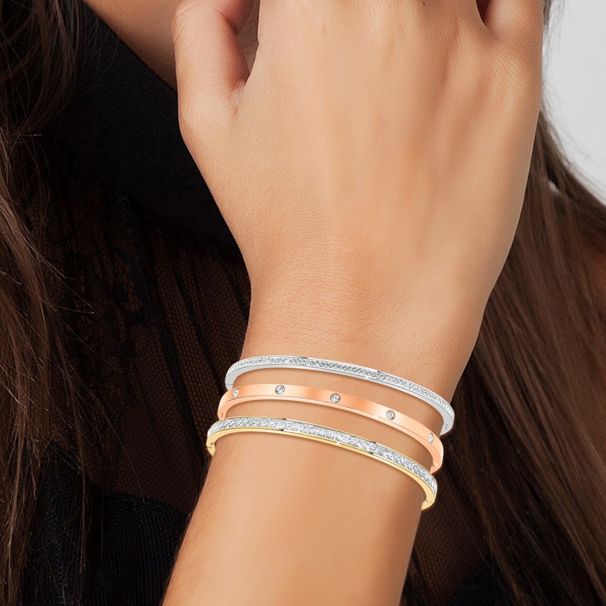 3 bracelets en acier inoxydable SC Crystal en Acier Rhodié argenté
