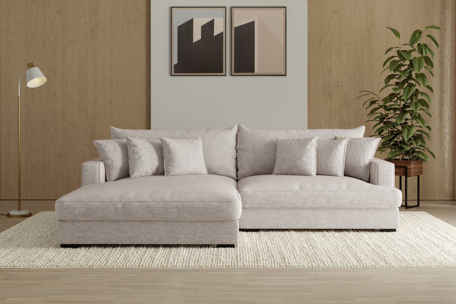 Rossi Lux 2-seter med XL sjeselong venstre Tekstil Beatto 1027 Lys Grå, arm A med sorte ben. Lux Komfort.