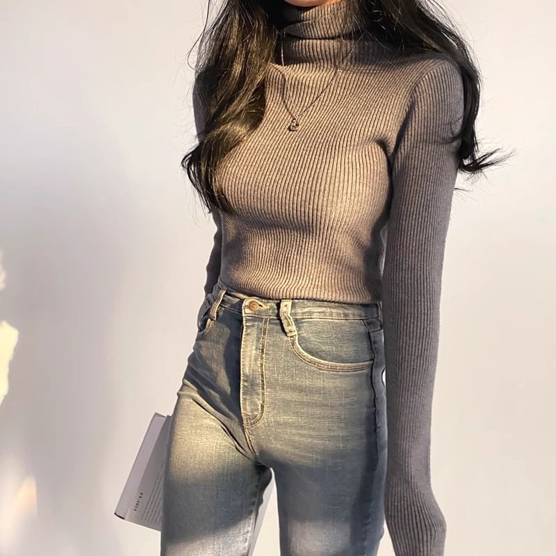 MIKIGA - Lange mouwen coltrui effen geribbelde slim fit gebreide top