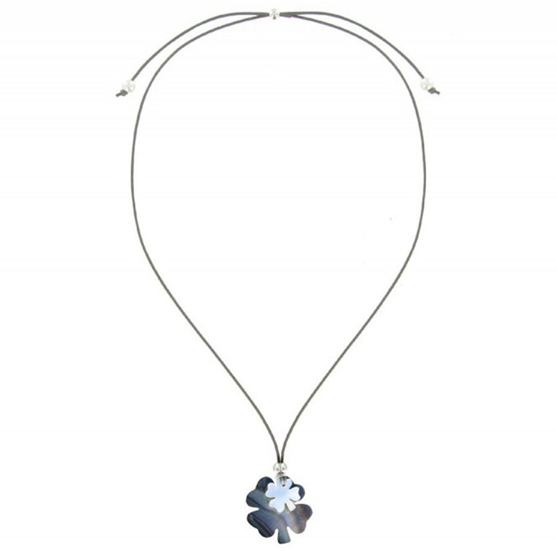 Collier Deux Trèfles Porte Bonheur Nacre Lien Gris - Classics