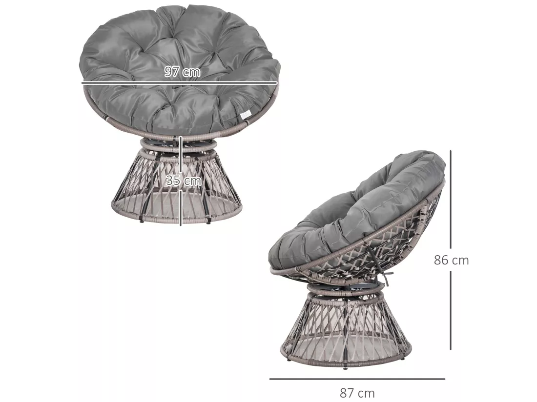 Fauteuil rond de jardin fauteuil papasan pivotant grand confort Ø 97 x 86H cm grand coussin fourni polyester résine tressée gris
