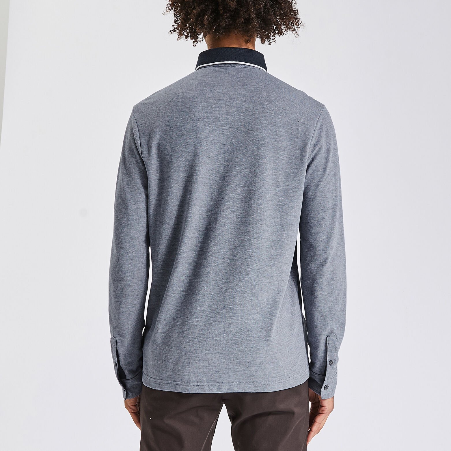 Polo manches longues piqué à col contrasté Bleu foncé