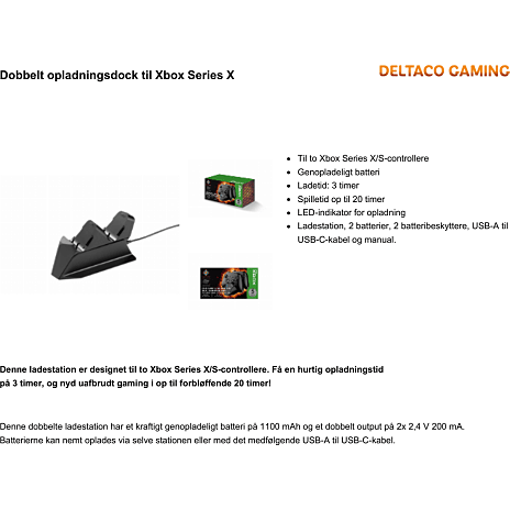 Deltaco dual ladestation til Xbox Series X controllere