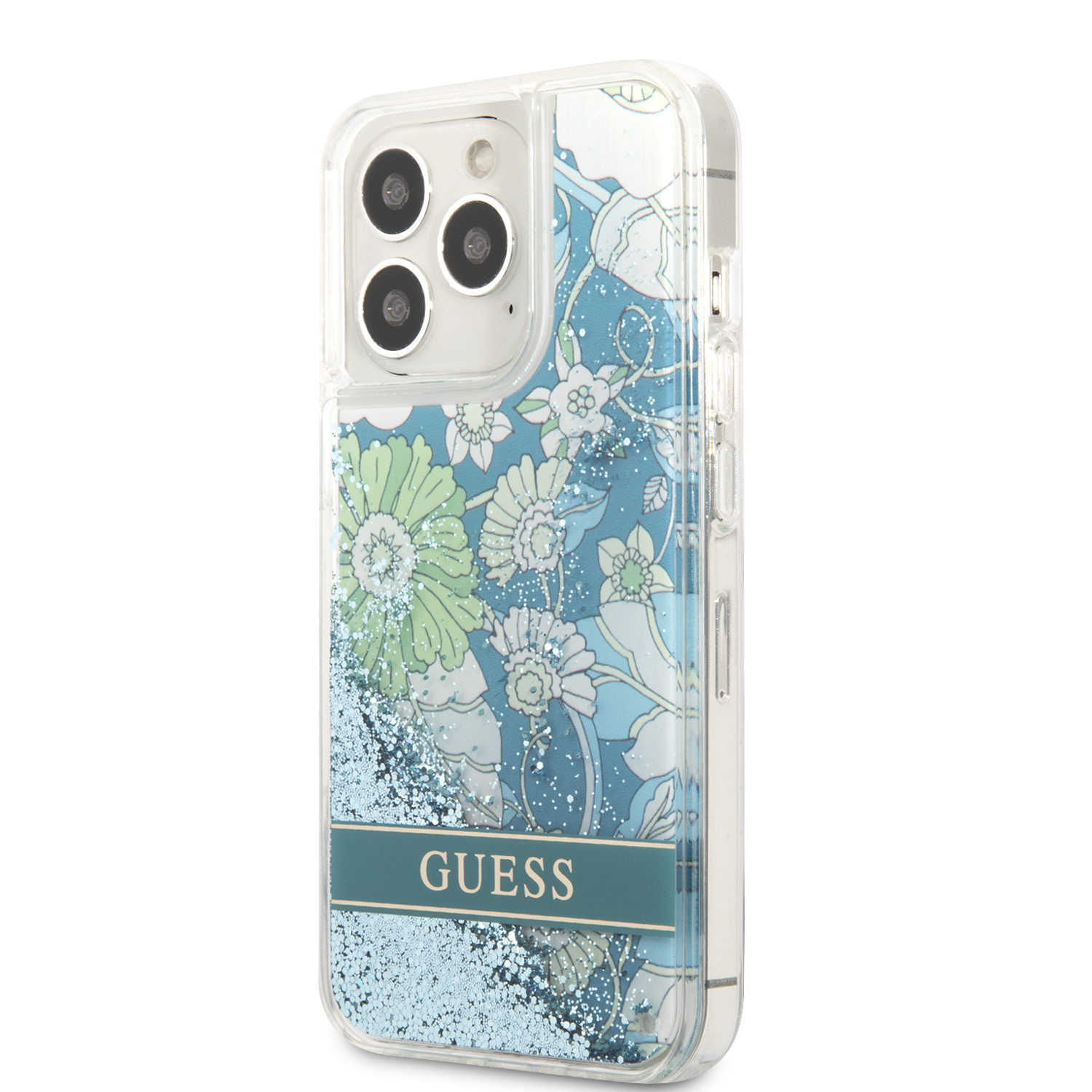 iPhone 13 Pro Hardcase Hülle Liquid Glitter Flower (GUHCP13LLFLSN) - Grün / Transparent