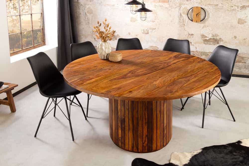 Runder Esstisch TRES CHIC 140cm braun Sheeshamholz stone finish massiv mit Säulenfuß