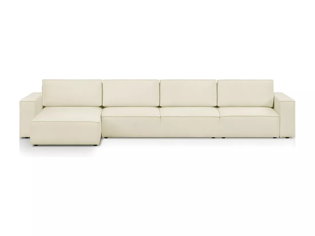 Canapé d'angle modulable réversible convertible 7 places avec coffre de rangement en tissu bouclé écru - Harper Mod