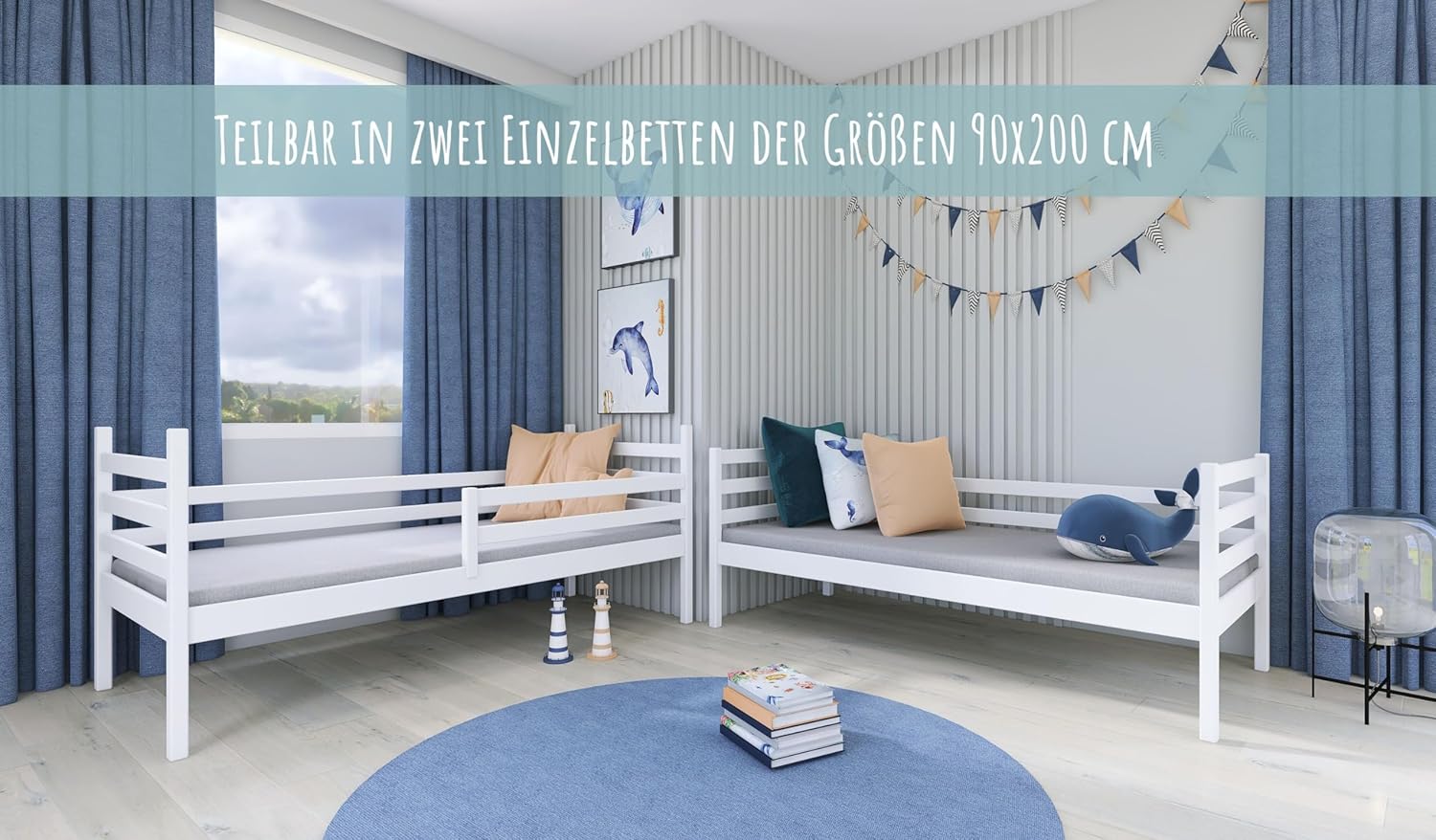 Hochbett 90x200 cm mit 2 Matratzen und 2 Schubladen Etagenbett mit Rausfallschutz und Lattenrost, umbaubar in Zwei Kinderbetten, aus Vollholz massiv in weiß, Funktionsbett Kinderbett