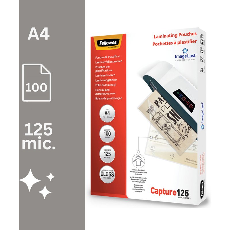 Pochettes de plastification Fellowes A4 2 x 125 µ brillantes - Boite de 100