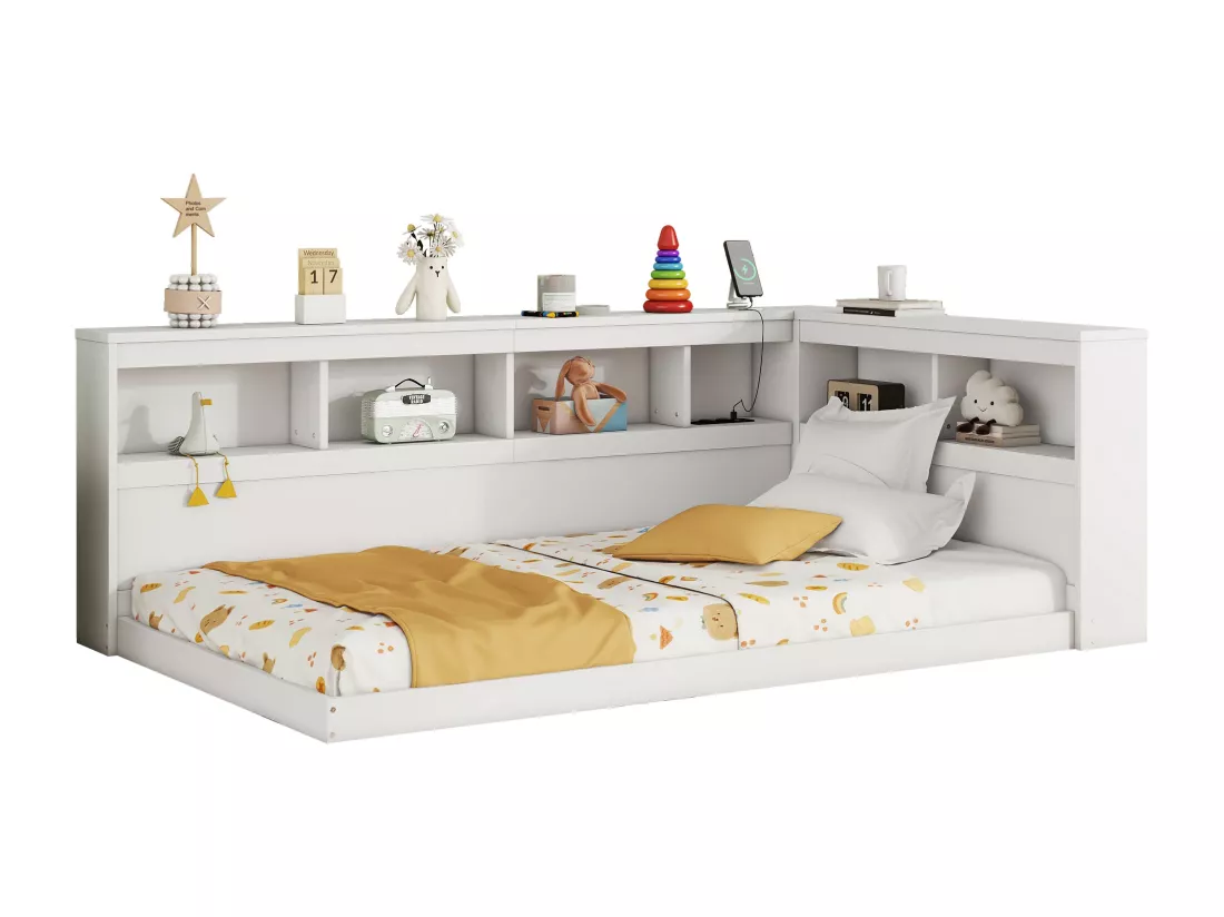 Lit banquette 90x200cm - avec Ports de USB et rangements - Blanc