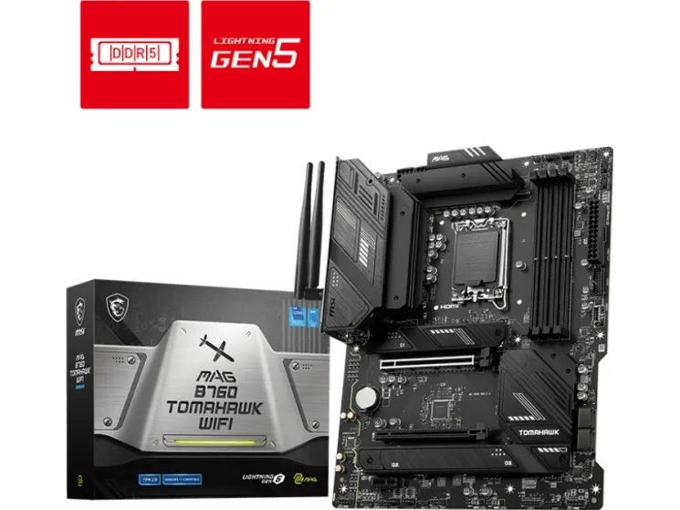 MSI MAG B760 TOMAHAWK WIFI - Bundkort - ATX - LGA1700 sokkel - B760 Chipset - USB 3.2 Gen 1, USB 3.2 Gen 2, USB-C 3.2 Gen2, USB-C 3.2 Gen 2x2 - 2.5 Gigabit LAN, Wi-Fi 6E, Bluetooth - onboard grafik (CPU påkrævet) - HD Audio (8-kanaler)