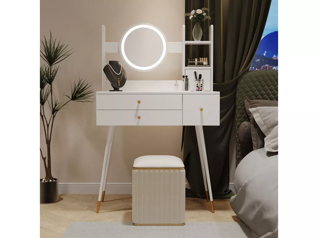 Coiffeuse avec miroir à luminosité réglable et 3 tiroirs,Coiffeuse haut de gamme avec plusieurs espaces de rangement,Blanc,Sans chaises