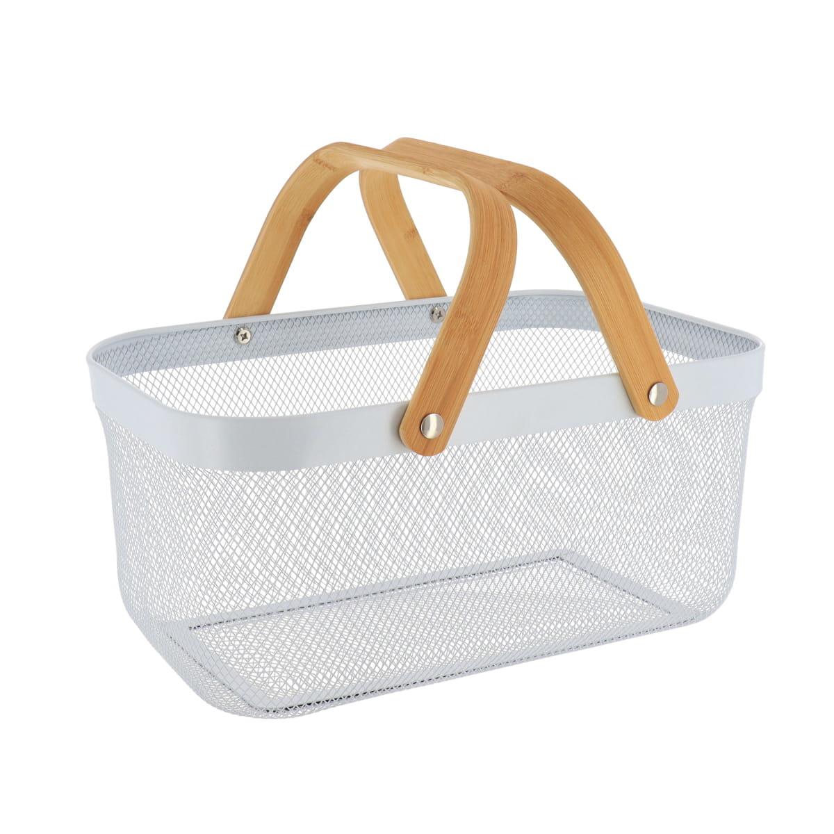 PANIER DE RANGEMENT RECTANGLE METAL POIGNEES BAMBOU BLANC