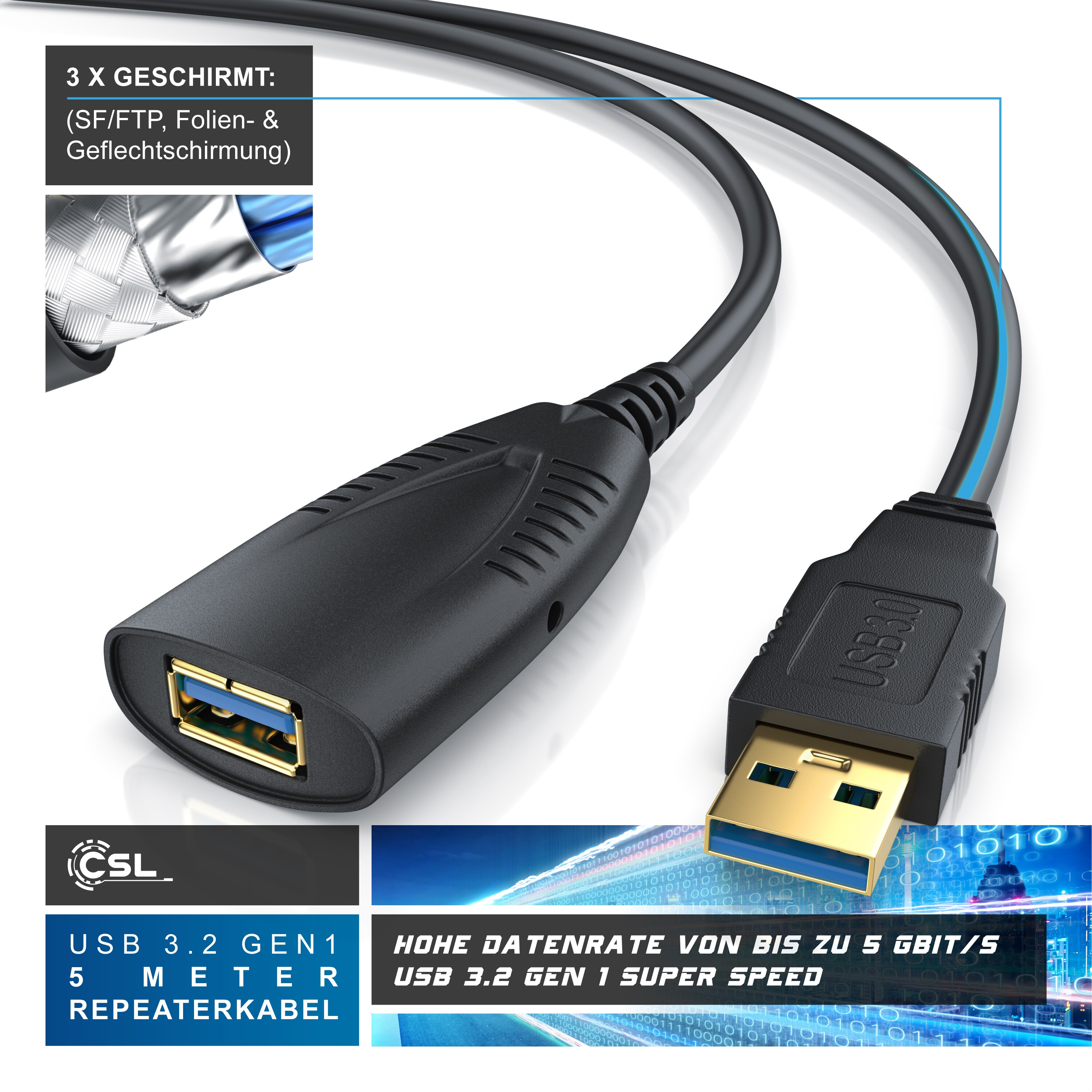 CSL USB 3.0 Typ A Verlängerungskabel, Aktives Repeater Kabel mit Signalverstärkung - 5m