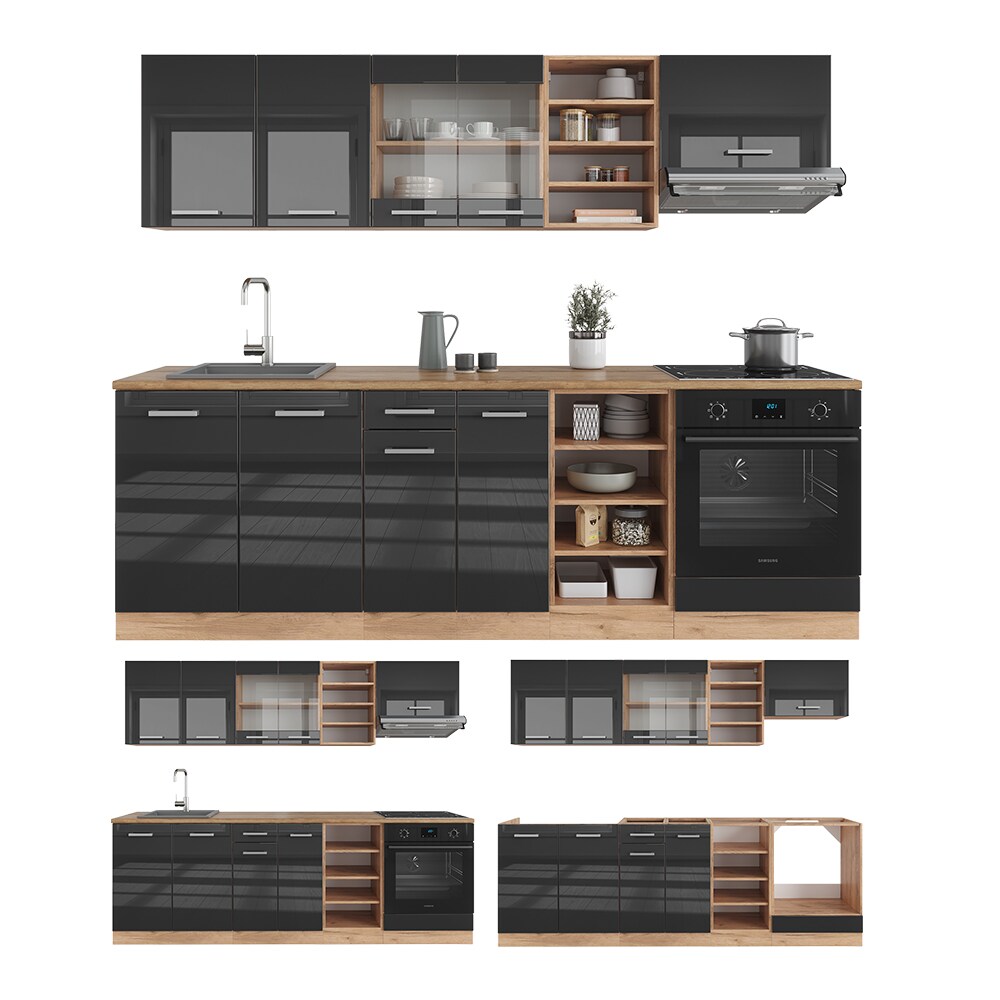 Vicco Küchenzeile Küchenblock Einbauküche R-Line 240 cm Eiche Anthrazit Hochglanz