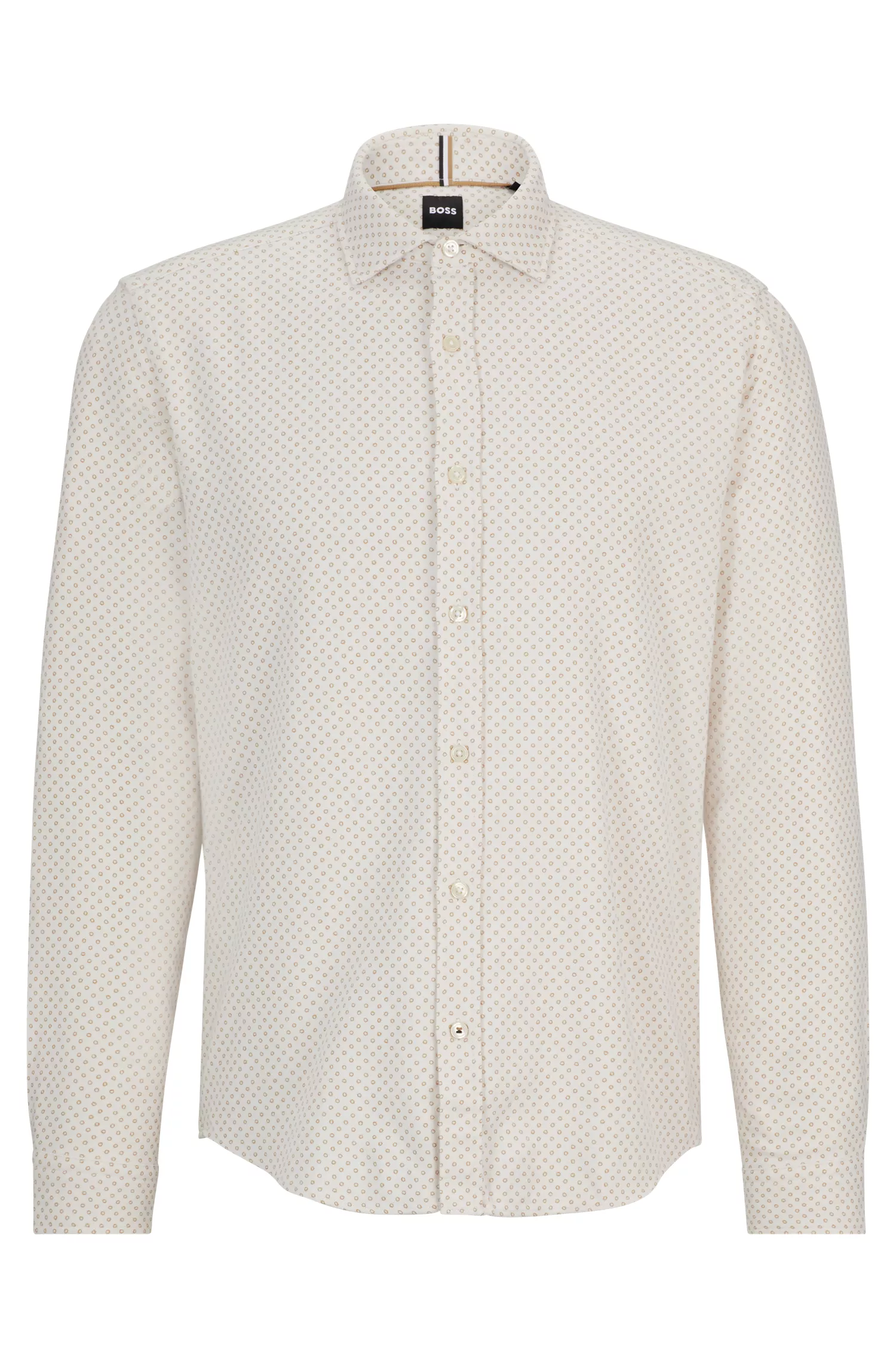 Camisa BOSS preta de corte regular em algodão estampado com gola clássica.