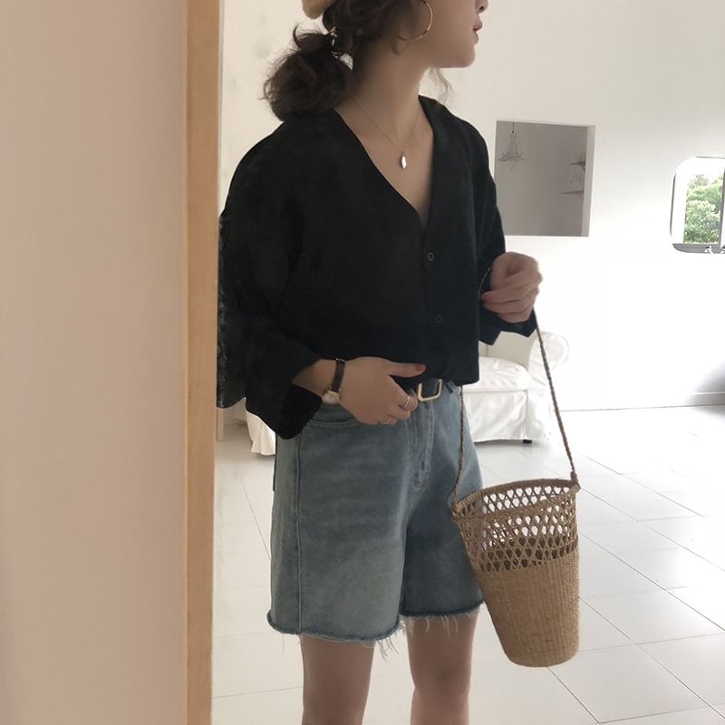 Alfie - Blouse van effen chiffon met lange mouwen en V-hals