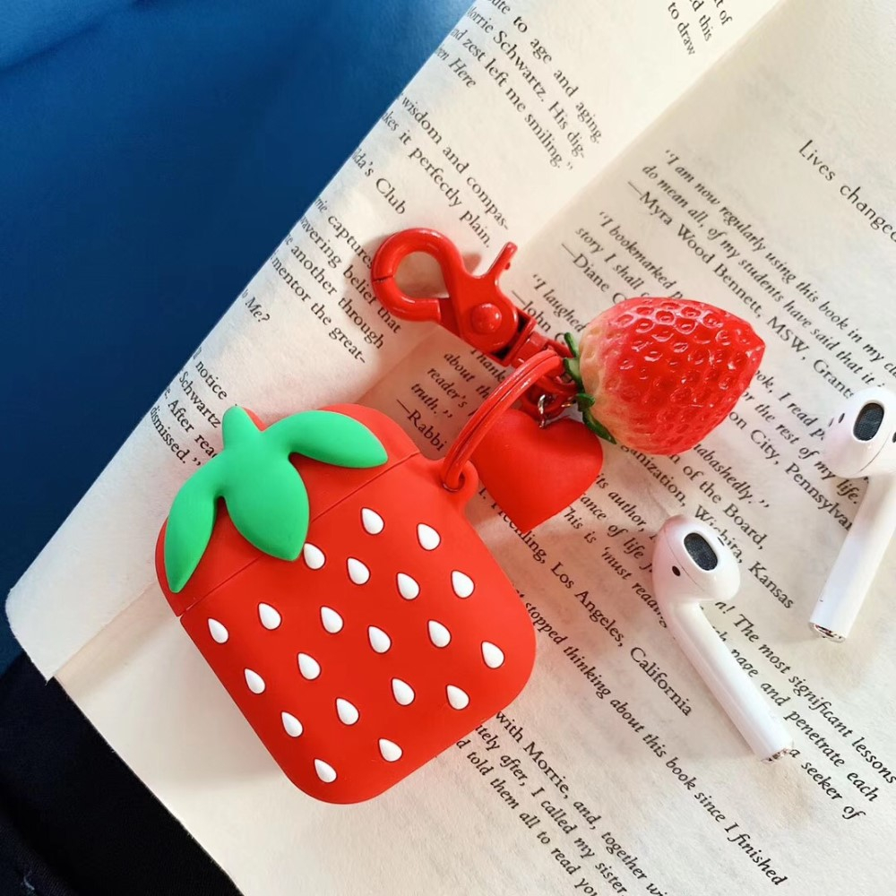 AirPods (1. & 2. Generation) Silikon Case Schutzhülle Abdeckung mit Karabinerhaken - Erdbeere (Rot)